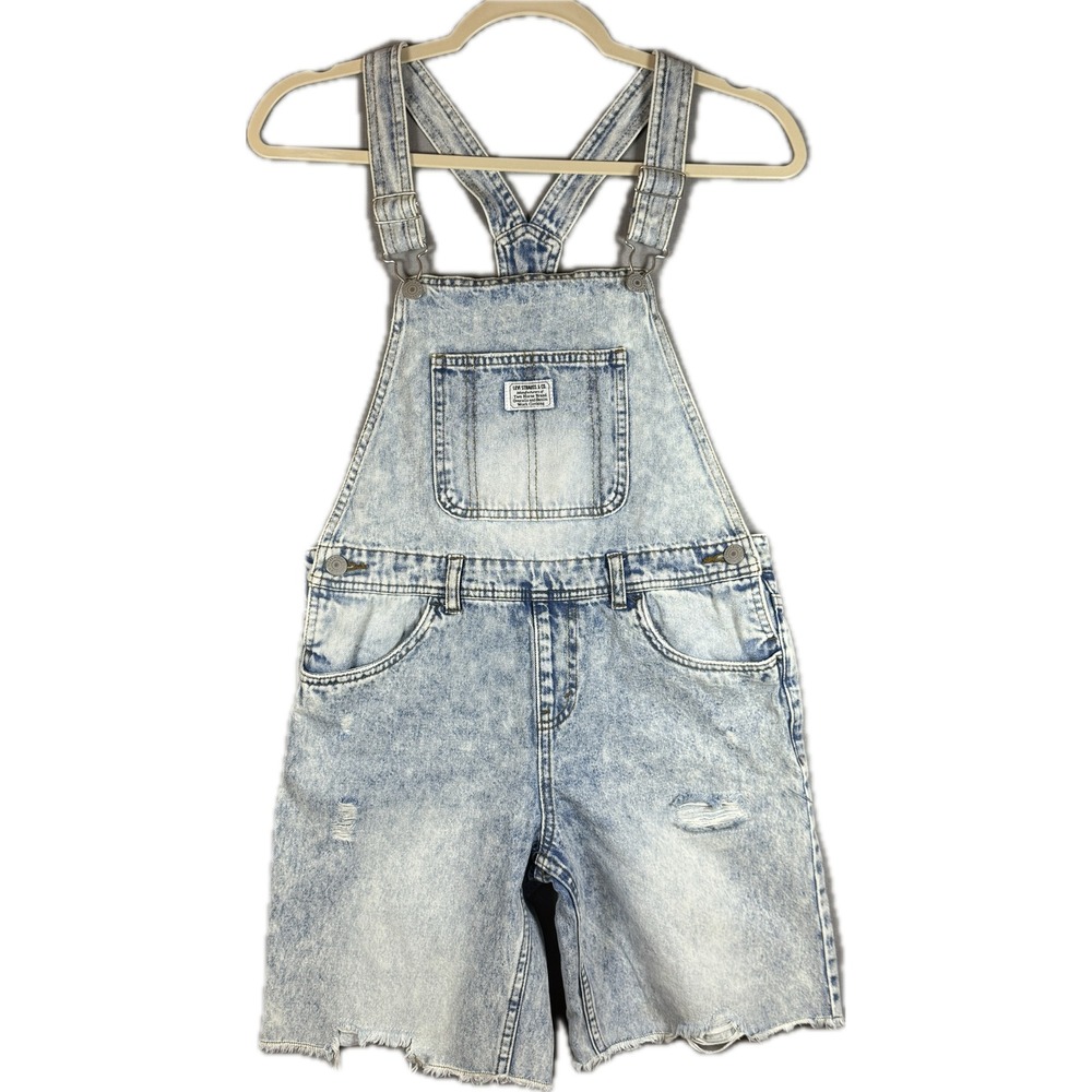 Levi's Denim Overalls Shorts Women Small Blue Acid Wash Distressed Hem